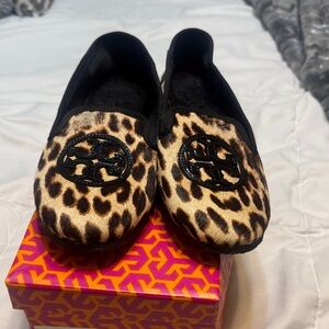 Tory Burch Black and Brown Leopard Slippers